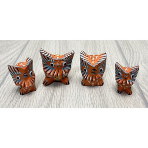 Vintage Handcrafted Hand Painted Indonesian Wood Owls Figures Orange - Lot of 4